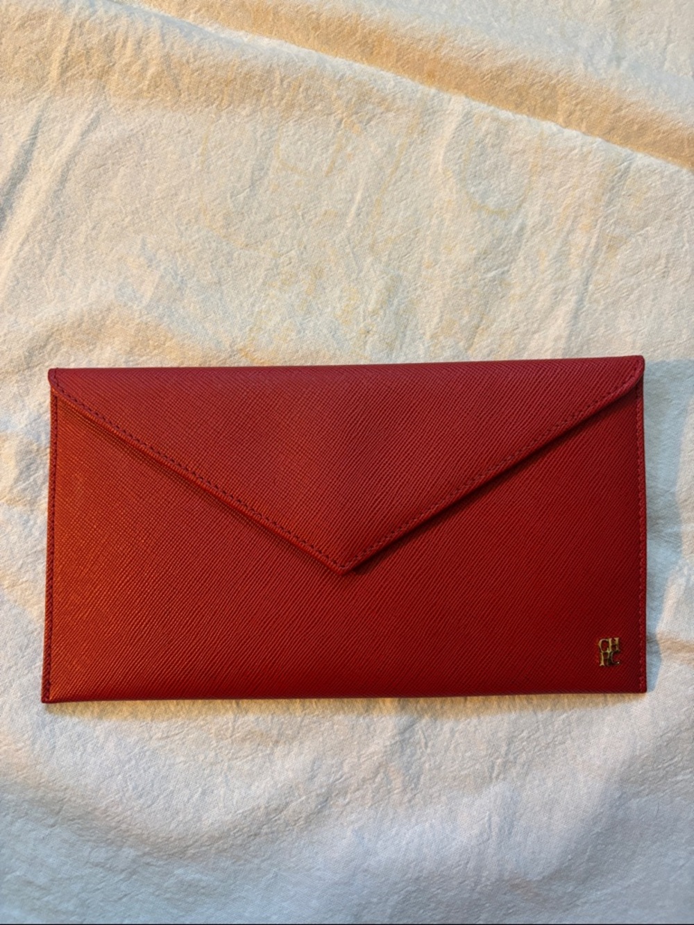 Carolina Herrera Saffiano Leather Red Envelope Clutch with Gold Logo